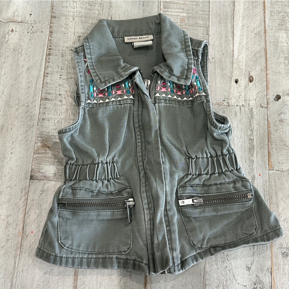 Lucky Brand Baby Olive Green Utility Vest Embroidered Zipper Front‎ Pockets